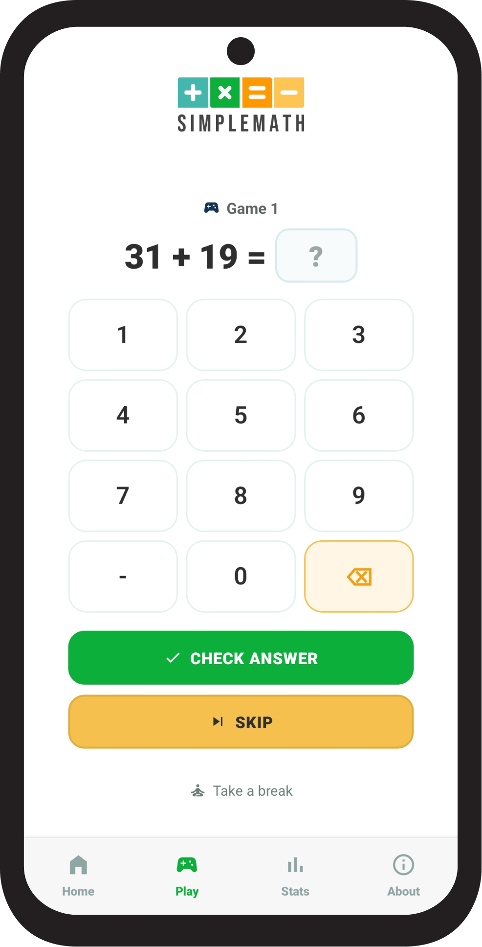 SimpleMath mobile application interface