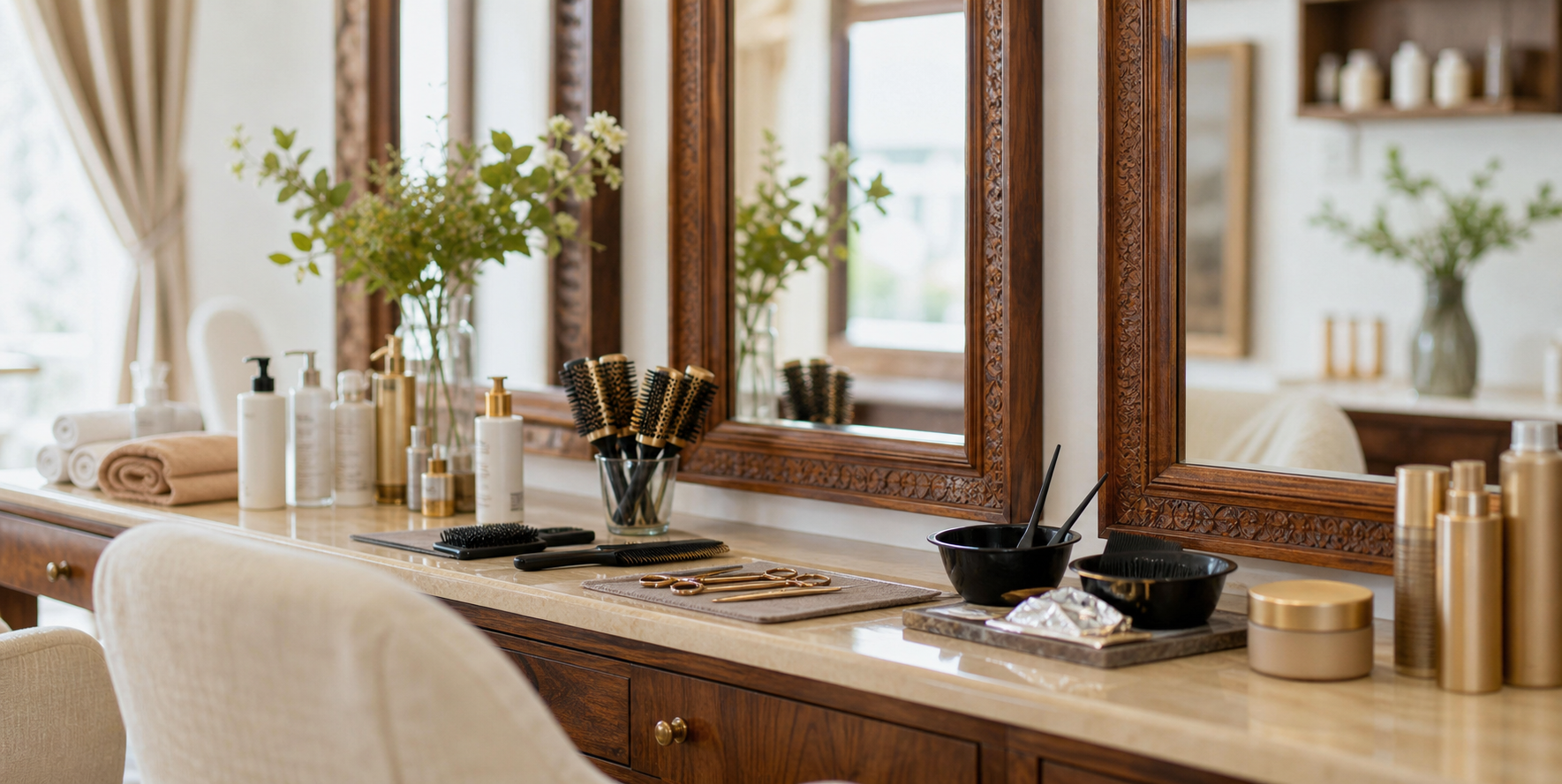 Salon styling chair and treatment area