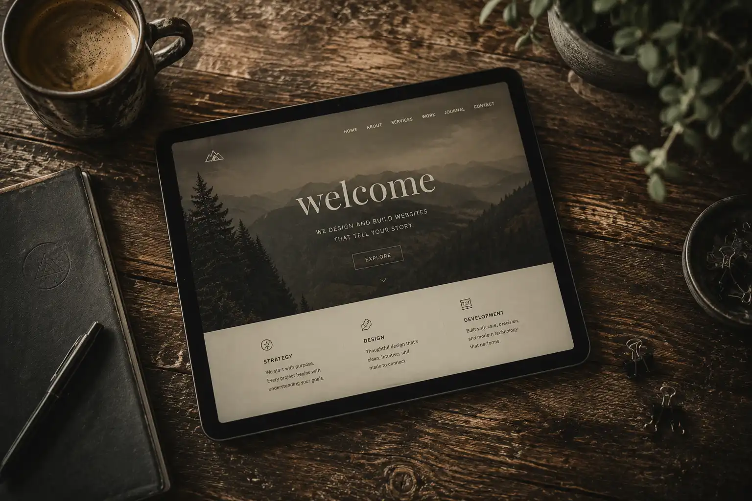 A website design displayed on a tablet