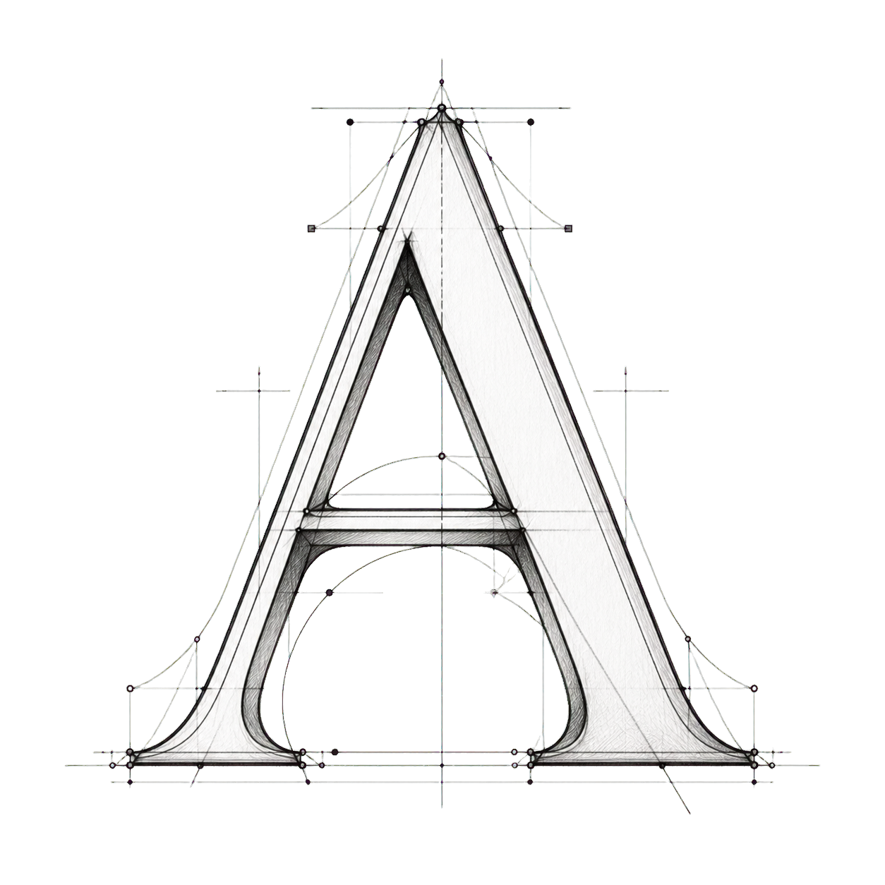 A sketched capital A being refined as part of a brand identity design process
