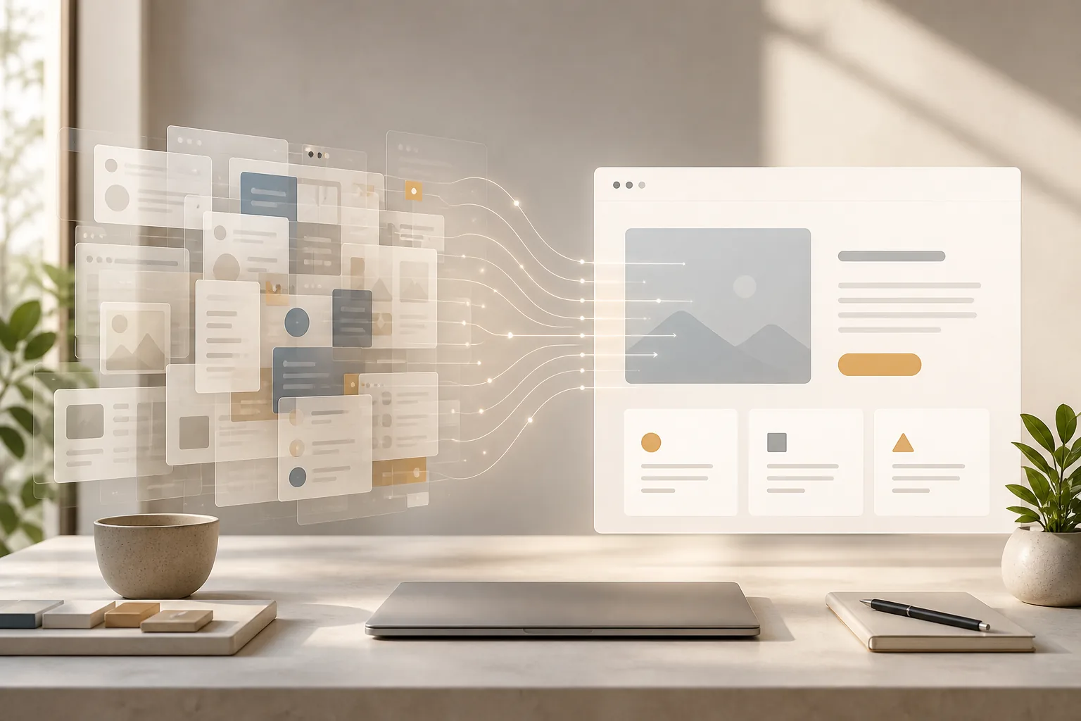 A simplified website interface emerging from visual clutter