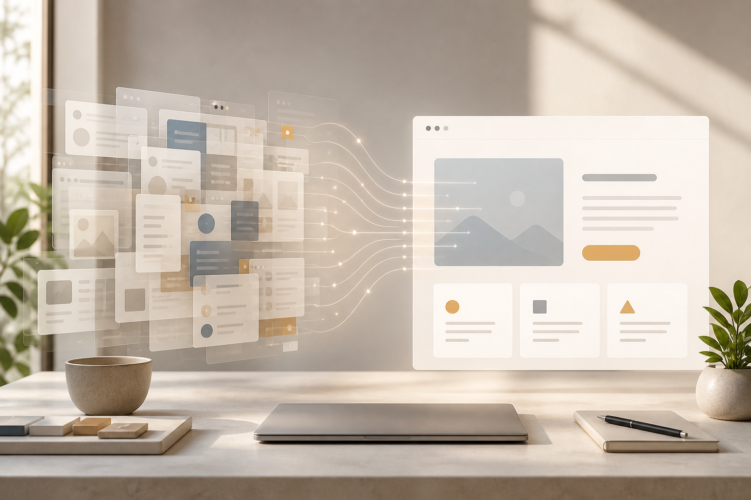 A simplified website interface emerging from visual clutter