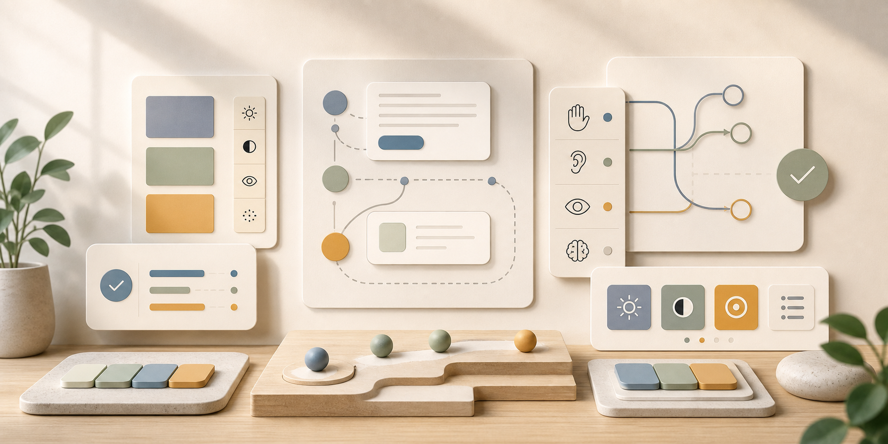 Calm accessible interface panels arranged for predictable navigation